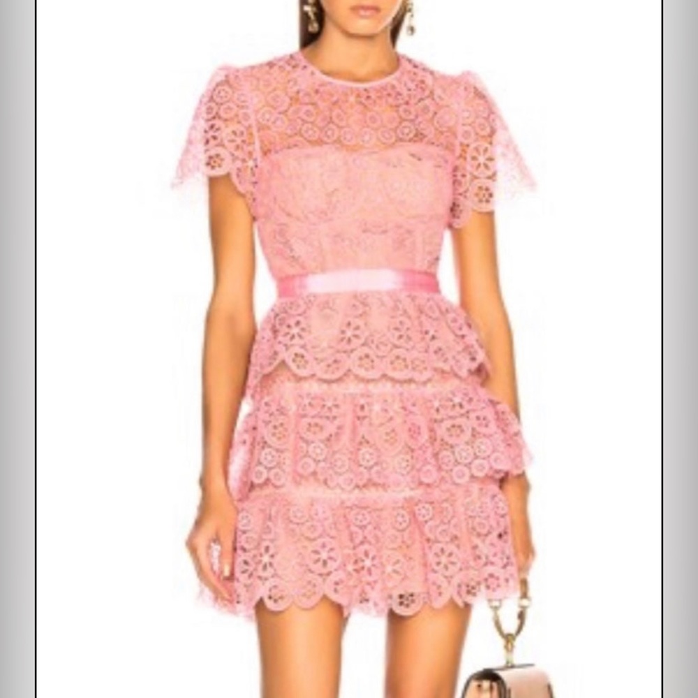Self-Portrait Pink Floral Tiered Lace Mini Dress - Picture 2 of 7
